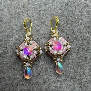 Artisan Handcrafted Hand Sewn Glass AB Bead Pierced Dangle Earrings Pink Gold